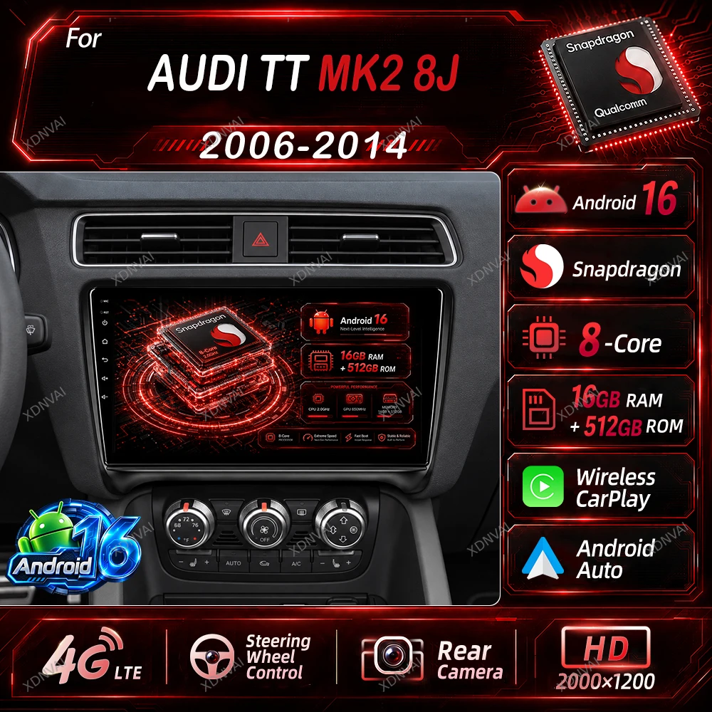 Android 16 Video Player For Audi TT MK2 8J 2006 2007 - 2014 Multimedia Car Radio GPS RDS Navigation Qualcomm DSP Carplay BT Auto