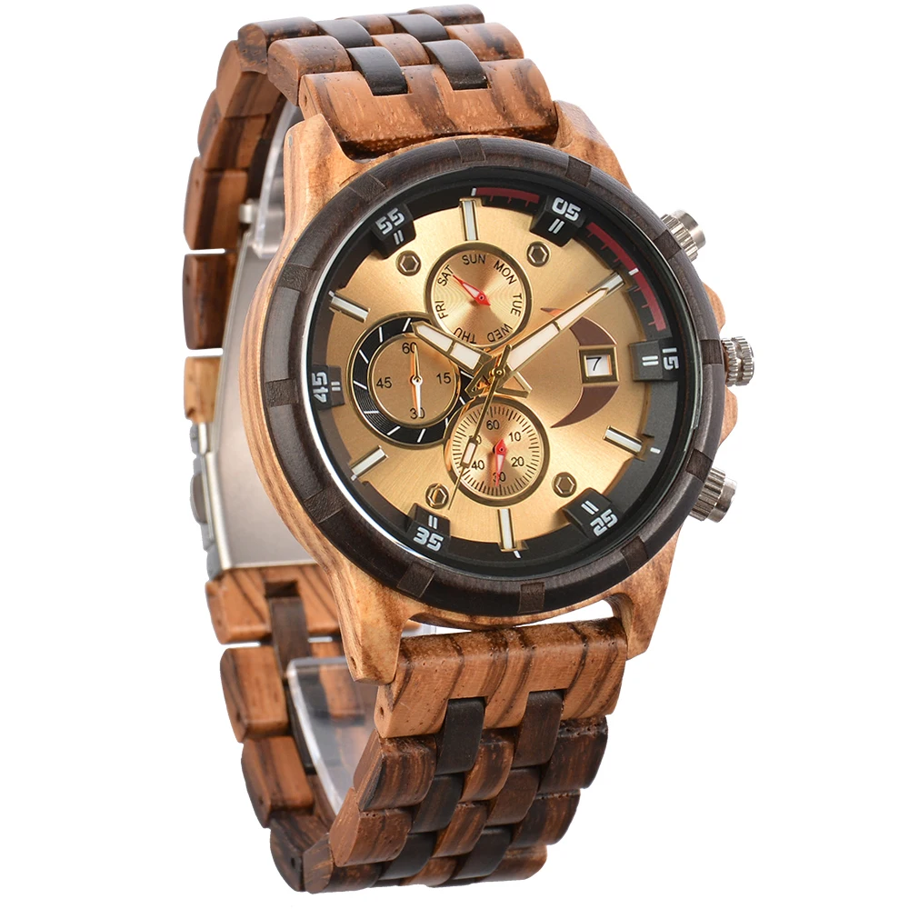 Wood Wrist Watches for Men Fashion Multifunction Golden Face Quartz Wristwatches Personalized Men's Anniversary Customized Gifts