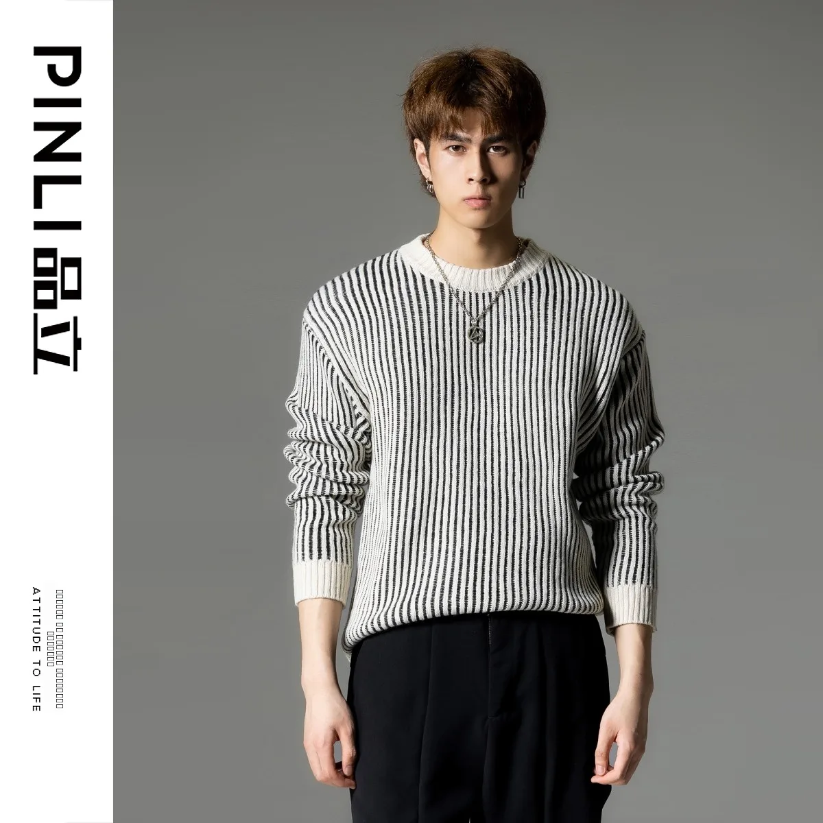 PINLI 남성 니트 스웨터 패셔너블한 스트라이프 컬러 블록 크루넥 겨울 신상품 울 혼방 캐주얼 라운드넥 스웨터