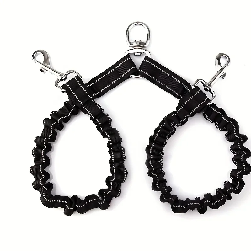 Black 2 Way Couplers Dog Leash Rope Elastic Extended Pet Leash Belt Outdoor Training for Two Double Small Medium Dogs Lead