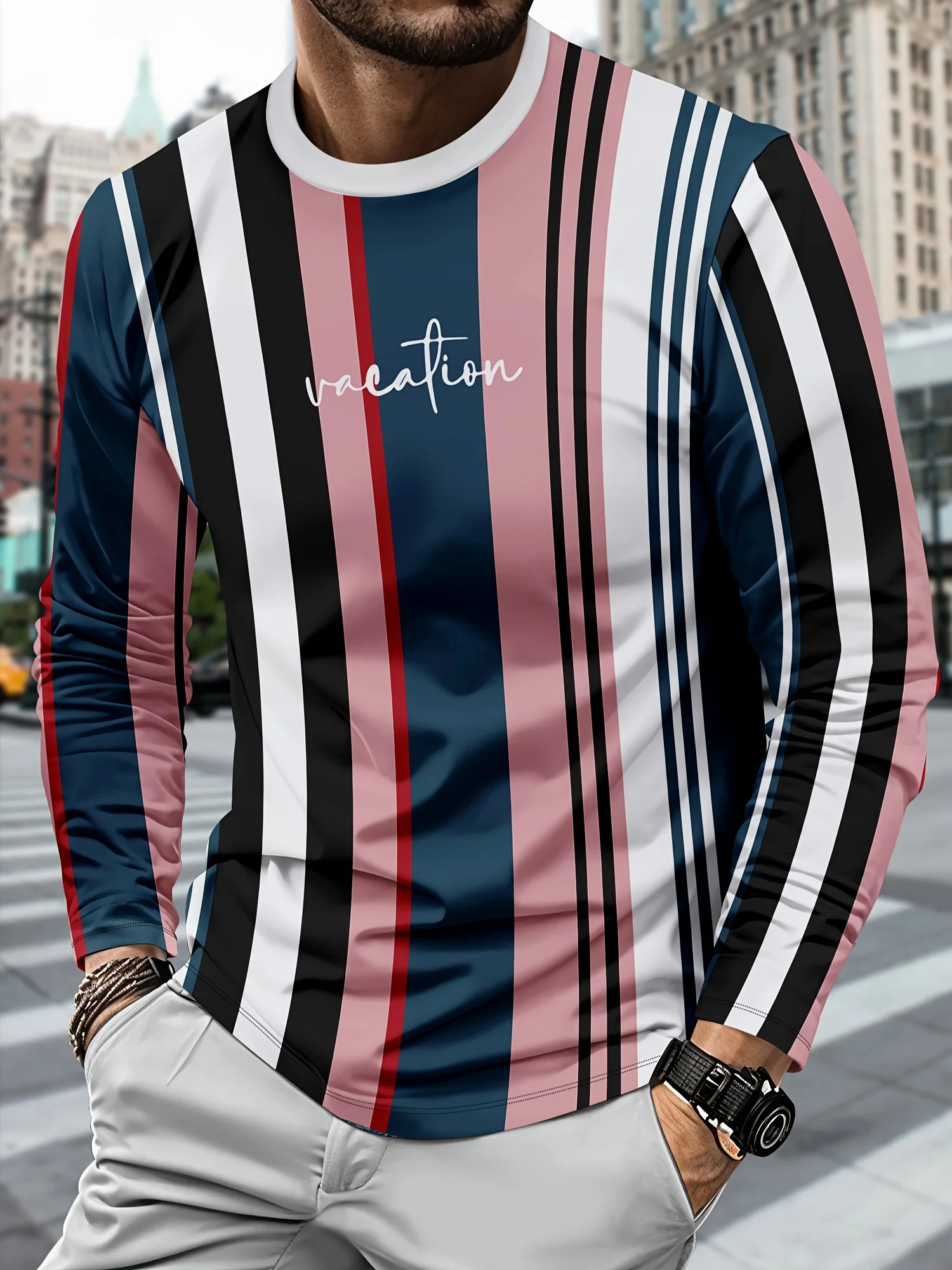 

Men's Casual Long Sleeve Crewneck Sweatshirt - Black Letter Graphic Print, Mid-Stretch Fabric, Machine Washable,