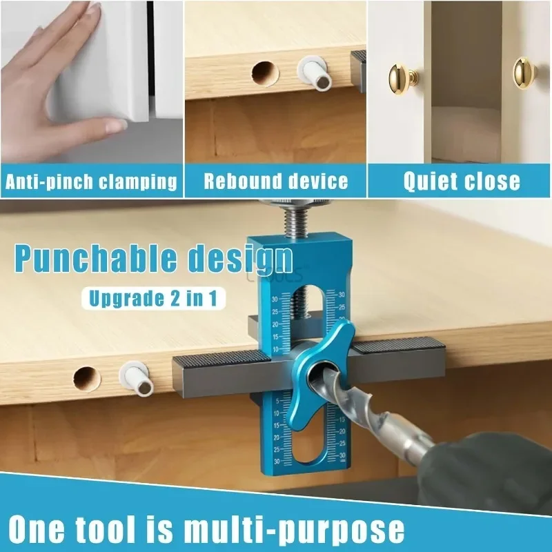 Perlengkapan Penstabil Gagang Kabinet Biru Pencari Lokasi Aloi Aluminium 2-In-1 dengan Alat Instalasi Pengeboran Kayu Skala Ketat