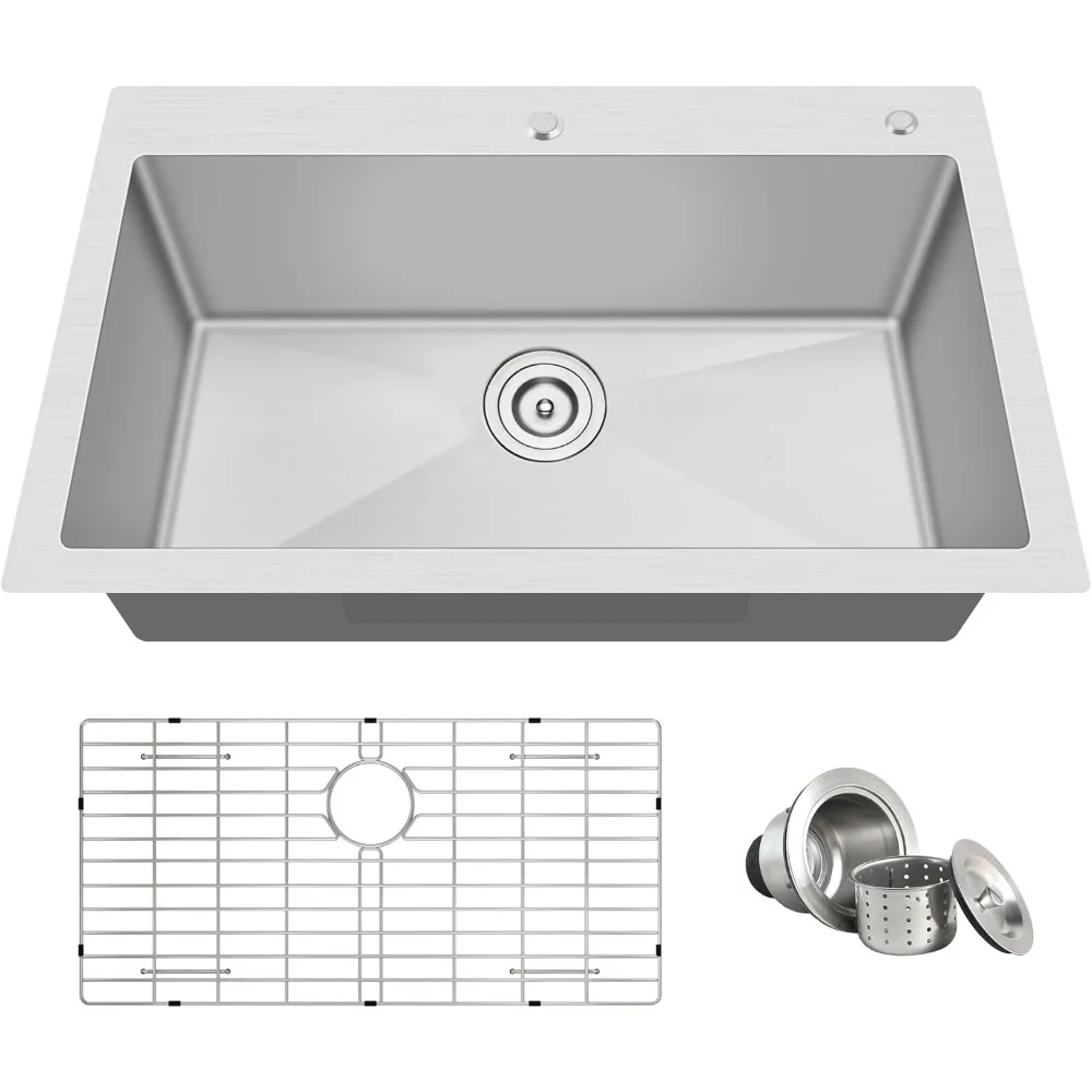 انخفاض في حوض المطبخ 33x22 Topmount 16 مقياس الفولاذ المقاوم للصدأ اليدوية وعاء واحد عميق فوق جبل المصارف 33x22x9 #2