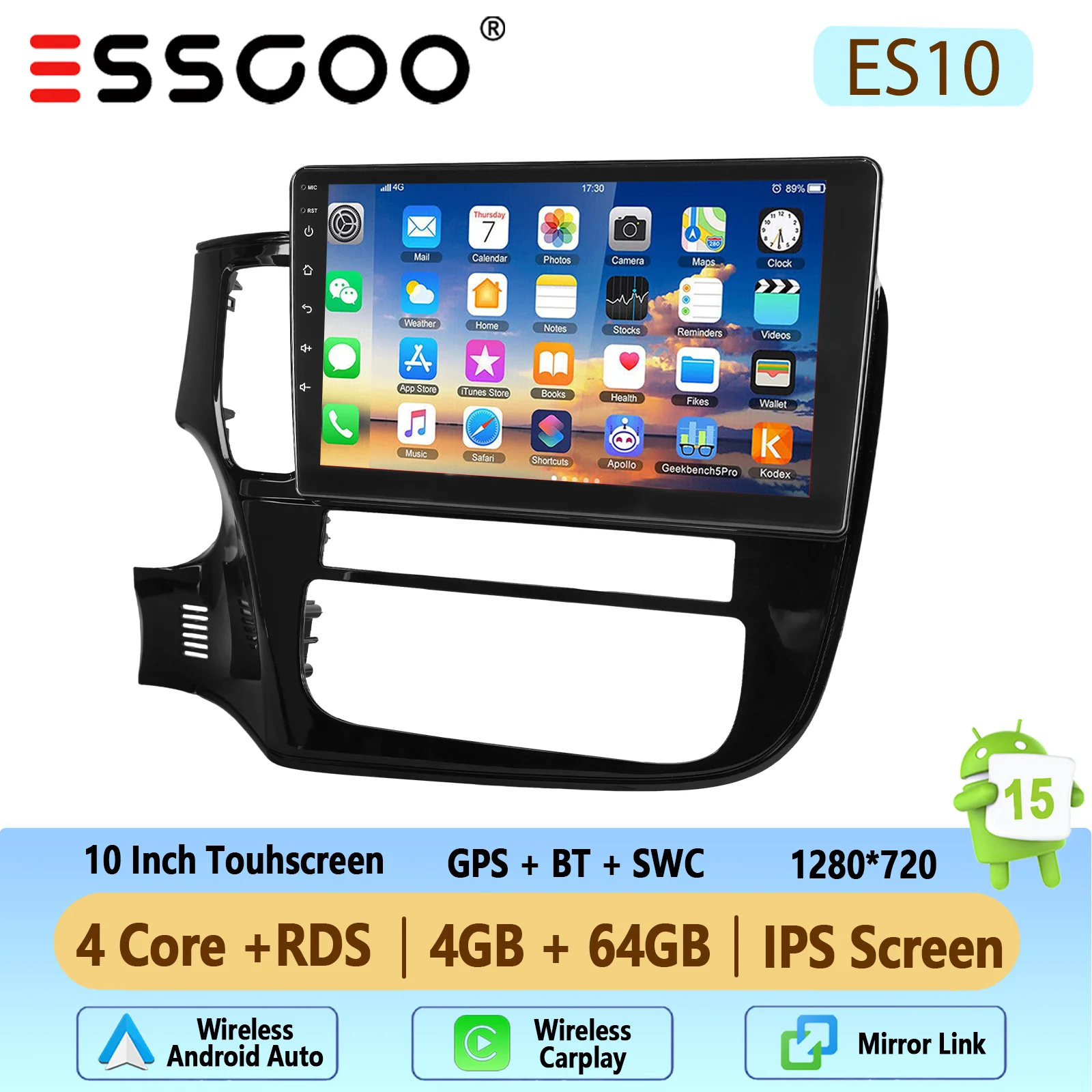 ESSGOO 10 inch Android 15 2+32GB/4+64GB draadloze Carplay autoradio voor Mitsubishi Outlander 2012-2018 GPS navigatie WIFI SWC RDS BT FM ASP