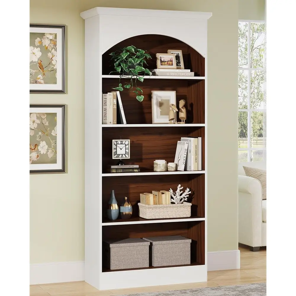 

5-Tier White Bookshelf, 70.9 High Storage Shelves, Vintage-Style Standing Bookcase for Living Room or Home Office (White & Oak)