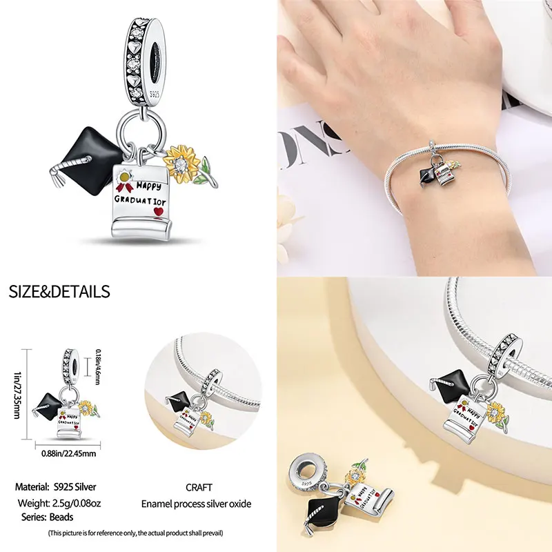 Fit Charms For Pandora Original Bracelets Graduation Season Bachelor Hat Owl 100% 925 Silver Jewelry Making For Women Gift