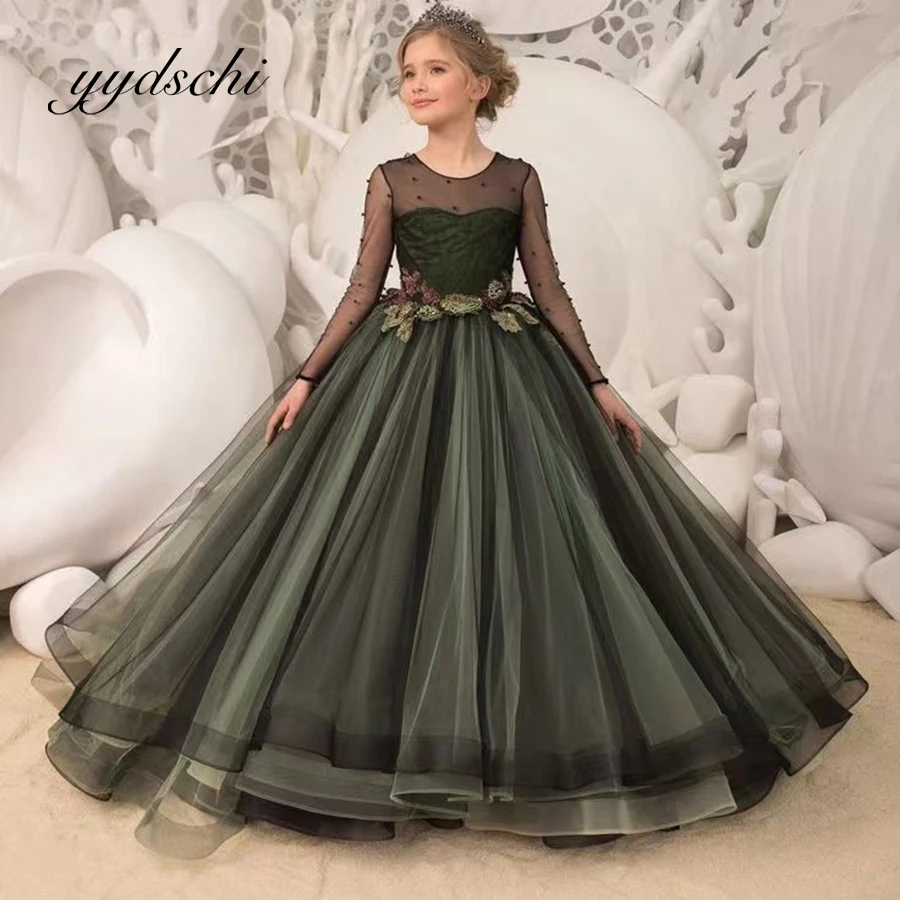 

Customized Girl Dress Green Wedding Ball Gown Tulle Pearl Lace Appliques Princess Long Sleeve Pageant Dress Kids Elegant Party