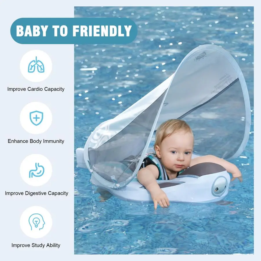Flotador de piscina para bebé con dosel solar extraíble, flotador de natación infantil no inflable con diseño de cola antideslizante, amplificador impermeable SkinFriendl