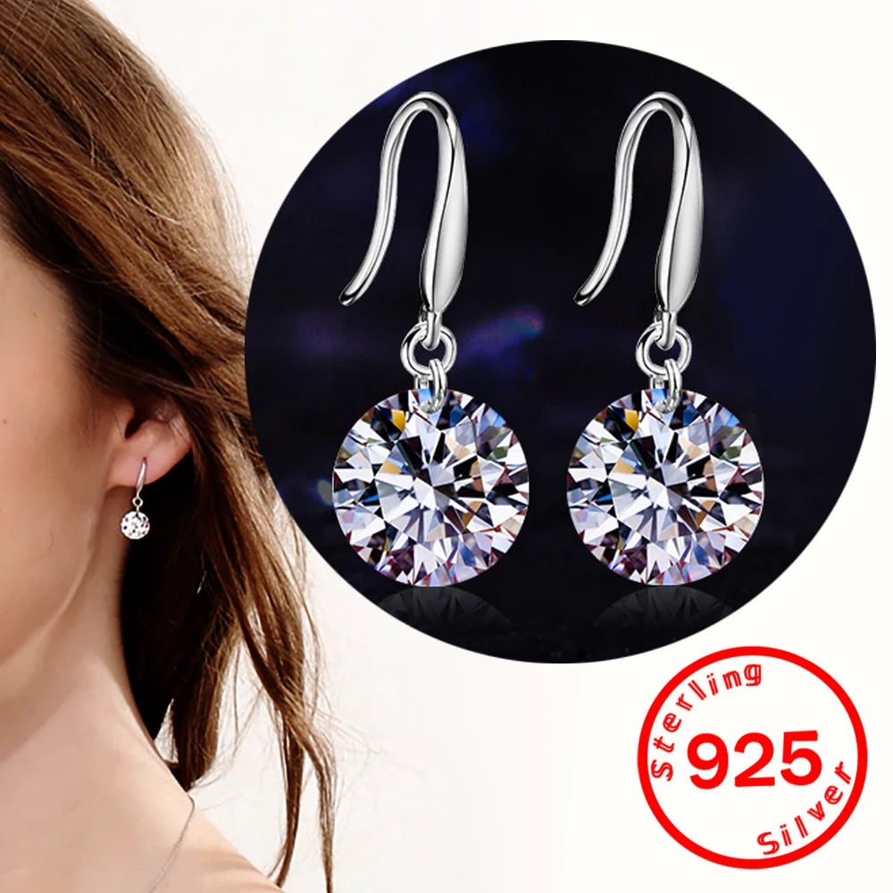 

925 Sterling Silver Round Crystal Zircon Drop Earrings for Women 2025 New Golden Hook Earrings Brief Fashion Jewelry Gift Party