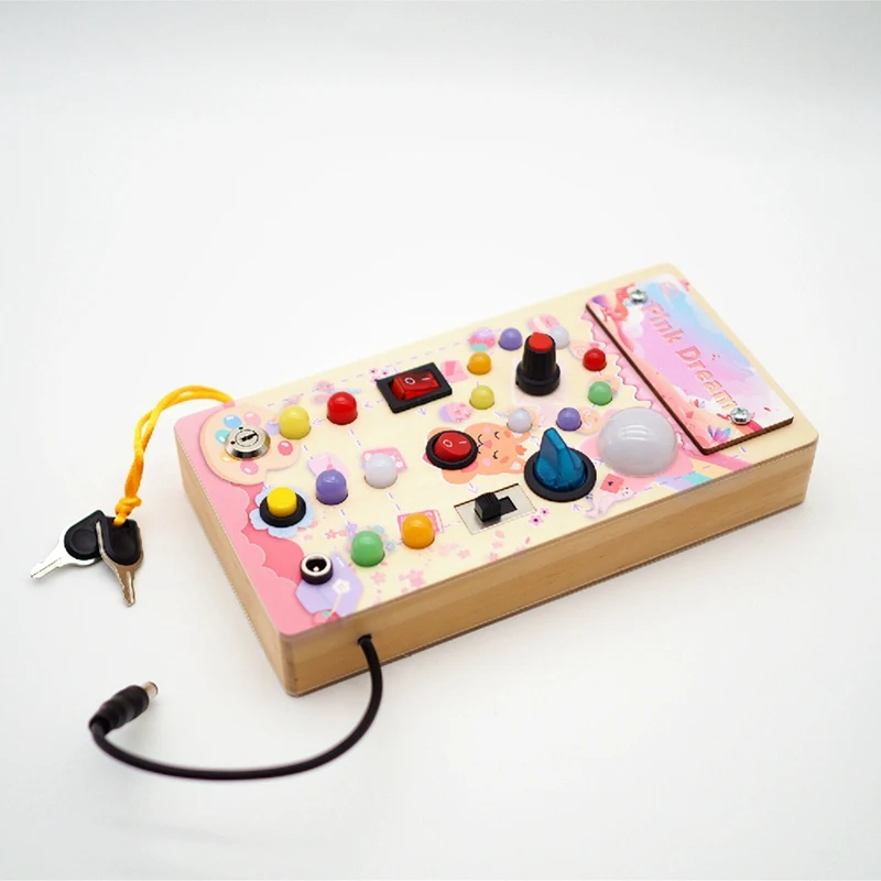 Busy Board, Wooden Busy Board With LED Light Switches, Sensory Toys Light Switch Toys Travel Toys Pink Dream