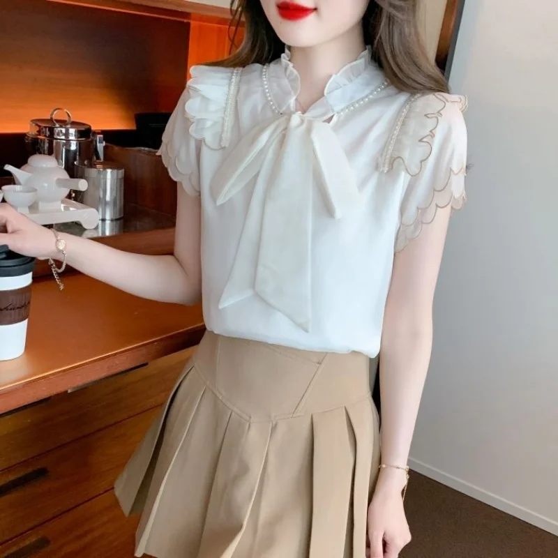 Beaded Short-sleeved Shirt for Women 2025 Summer New Style Bow Fashionable Chiffon Shirt