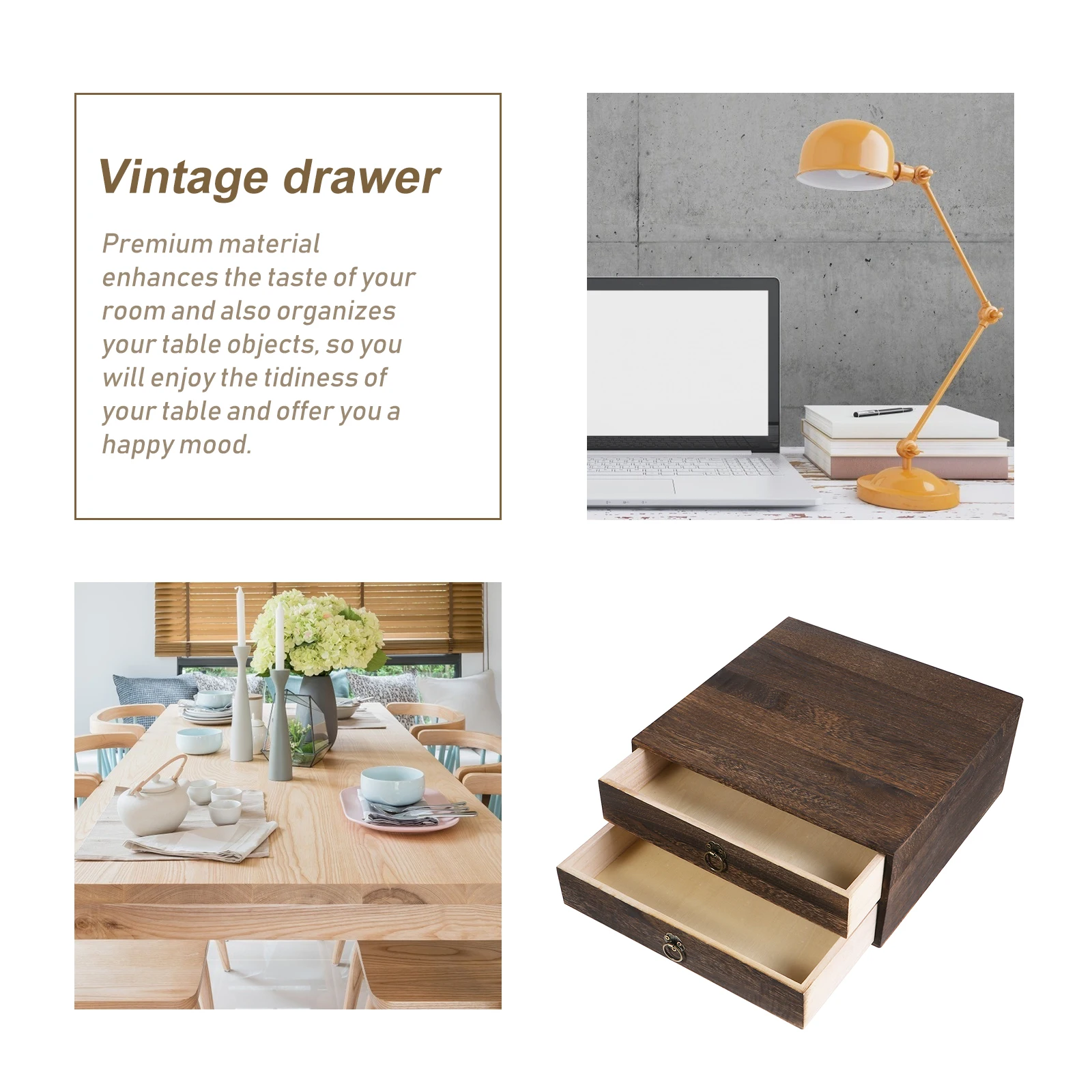 1pc Solid Wood Desk Drawer Retro Desktop Organizer 2 Layer Storage Box For Home Office Decoration Table Organization