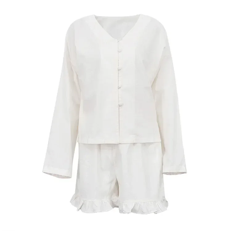 Fashion Beige Linen 2 Piece Sets Women Outfit Casual Loose Long Sleeve Shirts with High Waist Ruffle Shorts Set Female 2025 New