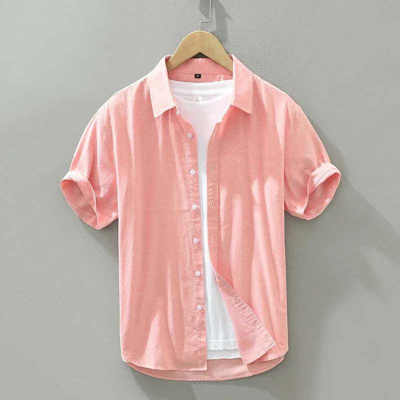 Summer New Short Sleeve Shirt for Men Pure Cotton Turn-down Collar Button Down Shirts Male Solid Casual Korean Clothes