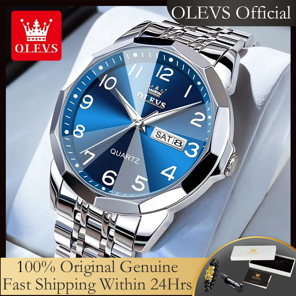 OLEVS 9970 Men's Wristwatch Luxury Digital Dial Unique Rhombus Mirror Quartz Watch for Men Stainless Steel Waterproof Man Watch