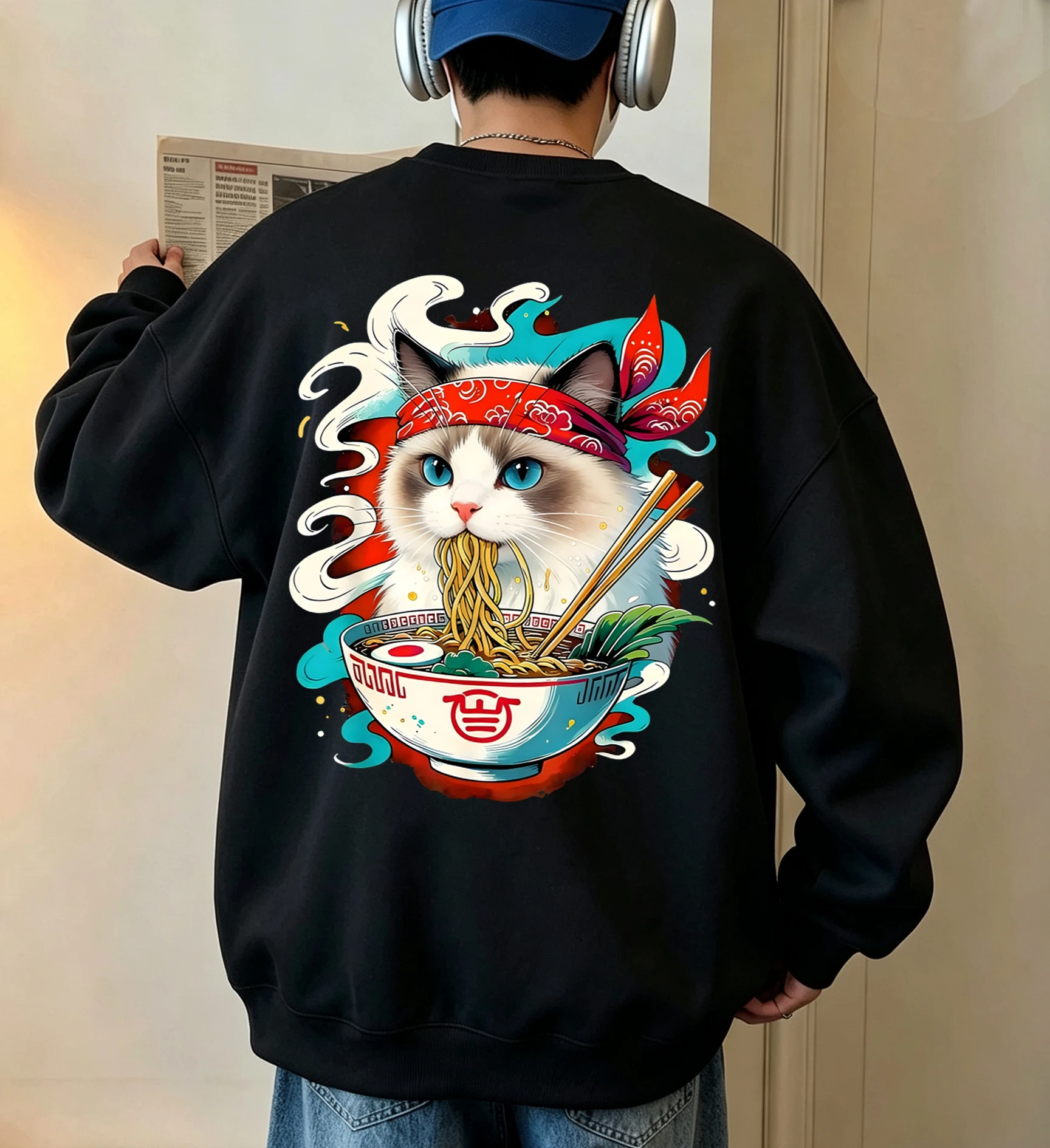 Katze kämpft mit Lamian-Nudeln bedruckter Herren-Fleece-Pullover, Vintage, lässig, langärmelig, Unisex, locker geschnittenes Basic-Sweatshirt – Detail 1