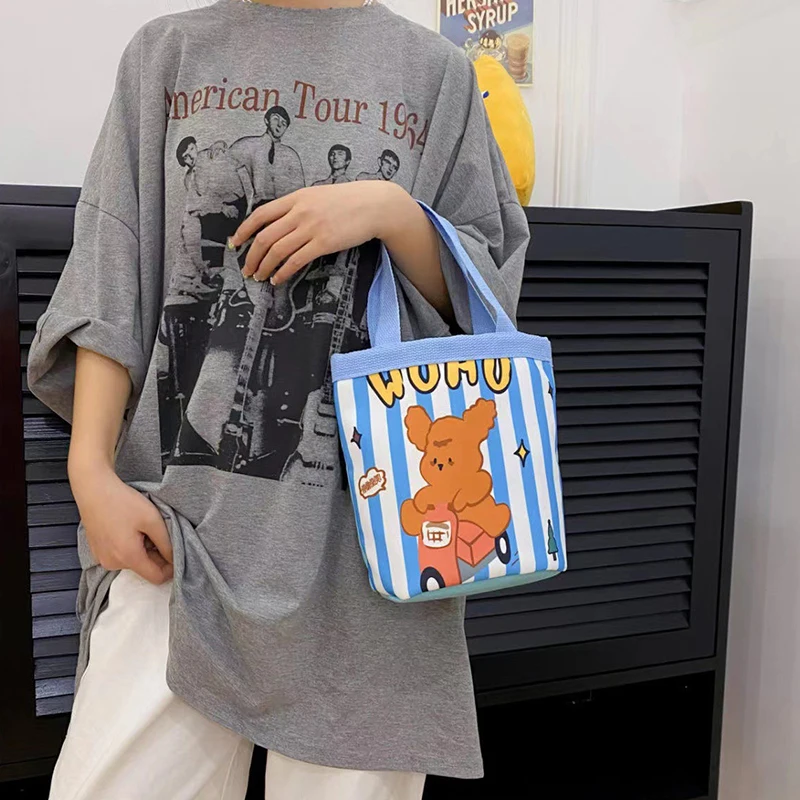 Borsa a secchiello portatile con motivo animale carino Graffiti Borsa cilindrica stampata Borsa Bento in tela Borsa per il pranzo portatile