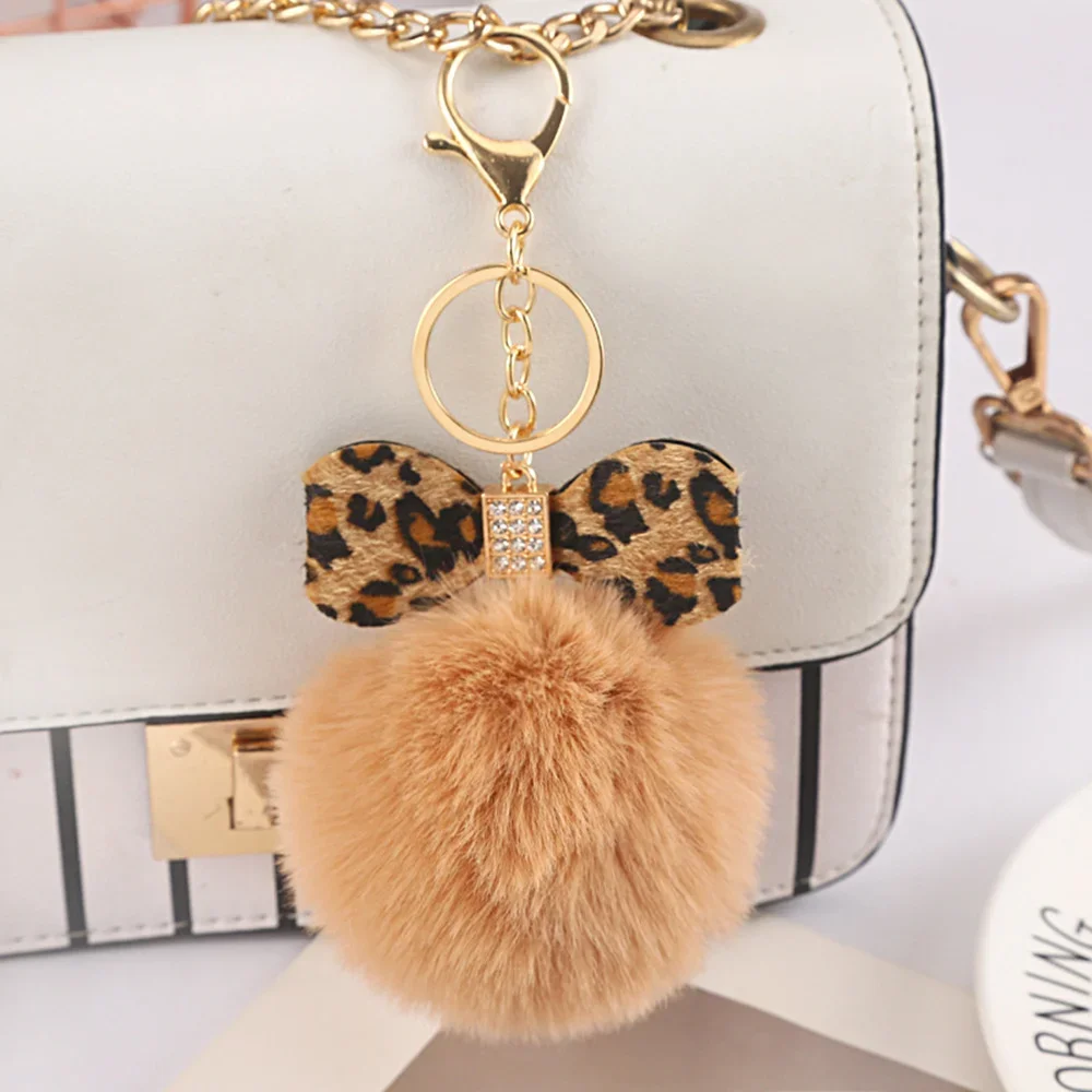 8cm Fake Fox Rabbit Keychain Pompom Bowknot Keyring Rhinestone Keyholder Women Bag Accessories Soft Plush Charm