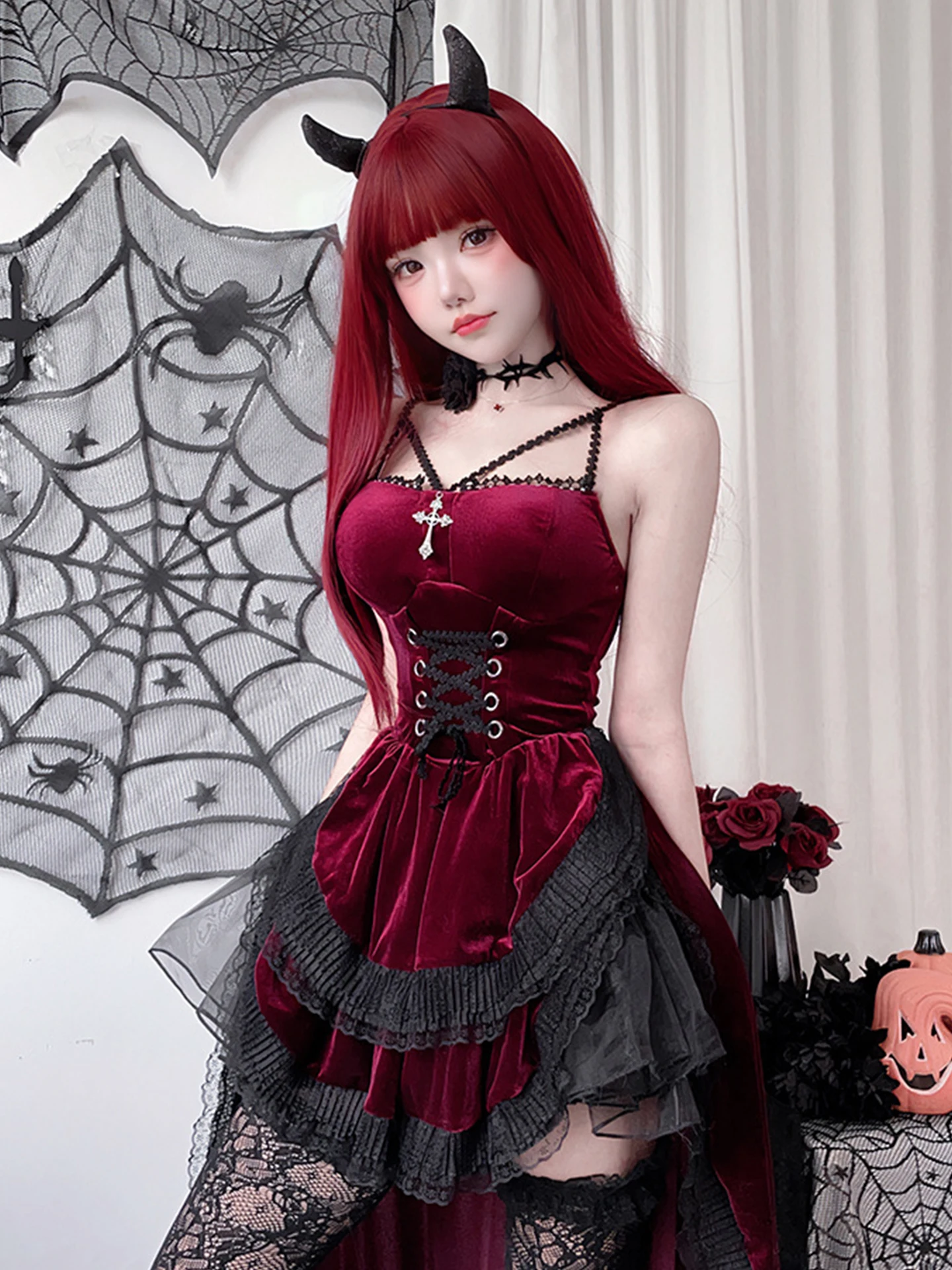 Gothic Halloween Cosplay Dr. Red Bla Lolita Rock Spitze Detailliertes Damen Tailliertes Sle Bell Bot Rock Trägerkleid