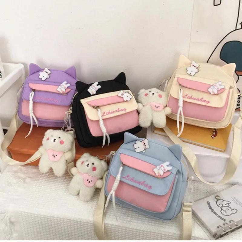 Sweet Girls Ear Canvas Crossbody Bags 2024 New Kawaii Shoulder Bag All Match Simple Letter Cute Pack Japanese Bolsos Mujer