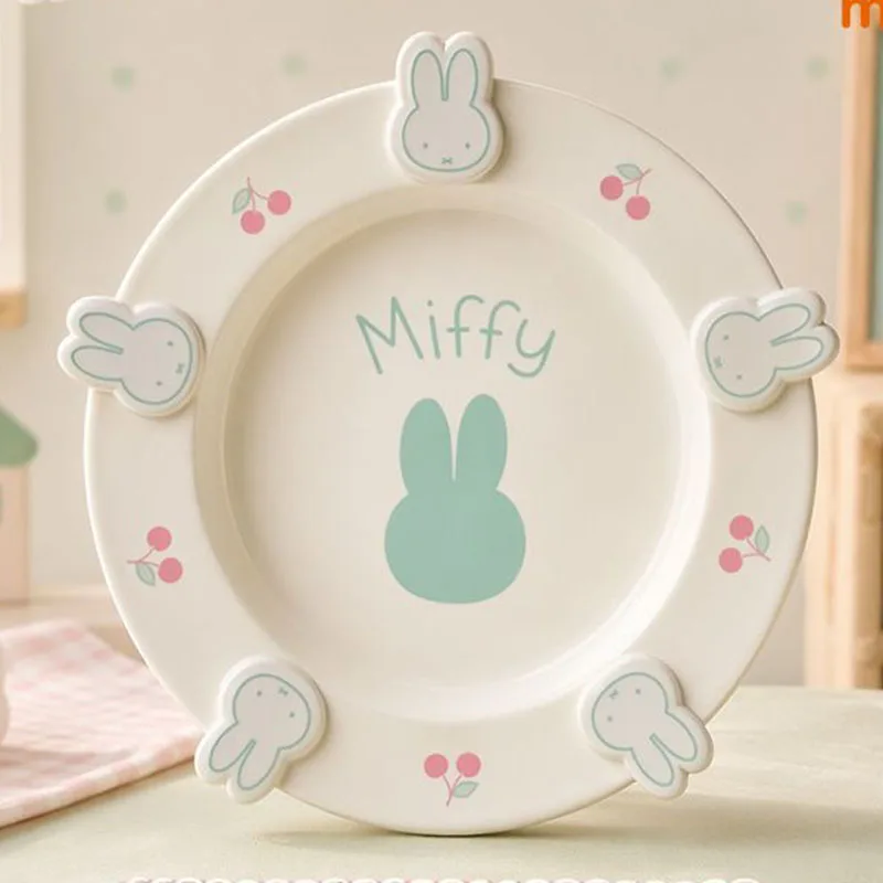 Niedlicher Miffy-Kaninchen Keramikteller, Kawaii 3D Hasenohren-Dekor, Verbrühungssicherer Cartoon-Kinderteller, Haushalts-Geschirr, Anime-Geschenke