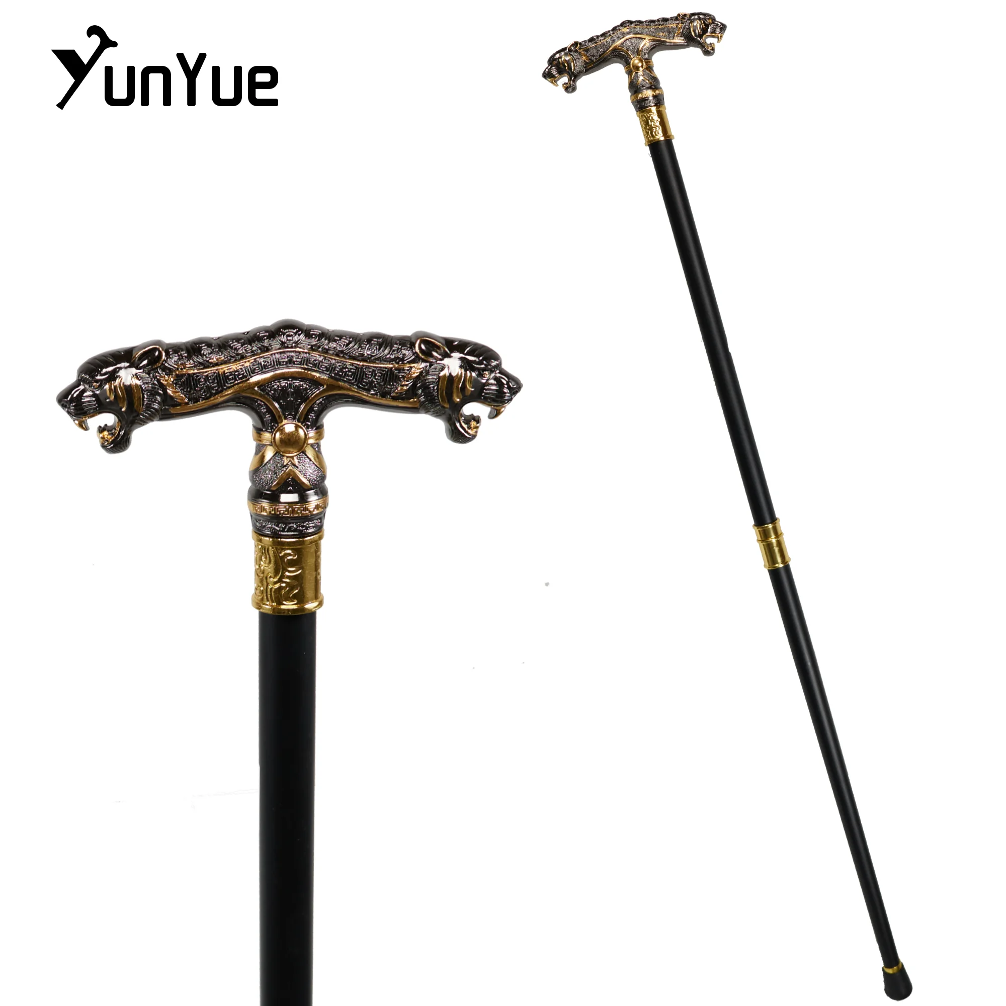 Vintage Black Two-Headed Cheetah Metal Walking Cane Gentleman Scepter Collections Elegant Walking Stick Cosplay Props Crutch