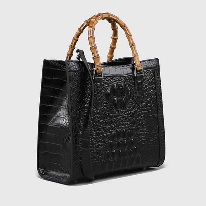 Genuine Leather Women Handbags Bamboo Handle Crocodile Pattern Lady Shoulder Messenger Bags Luxury Fashion Mom Tide 2023 New