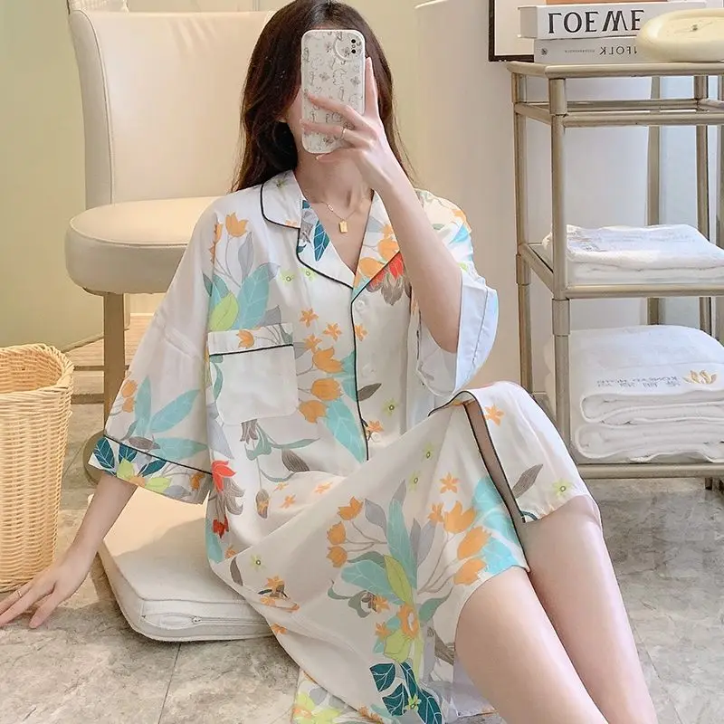 Poplin Pajamas Women\'s Summer Thin Artificial Cotton Nightdress Simple Printed Large Size Homewear Casual Fashion Sleepwear 2024