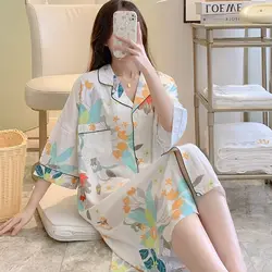 Poplin Pajamas Women's Summer Thin Artificial Cotton Nightdress Simple Printed Large Size Homewear Casual Fashion Sleepwear 2024