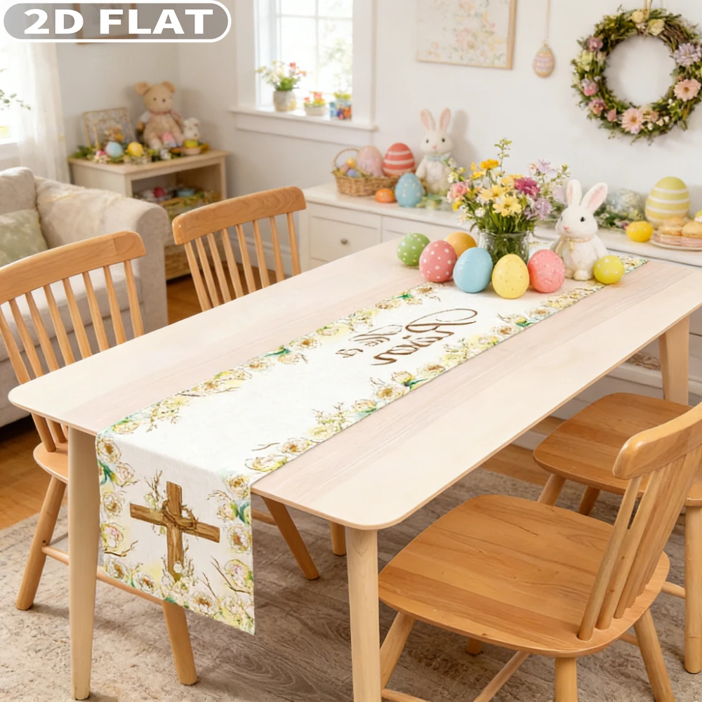 2D FLAT 1pc He Is Risen Tablecloth Christian Cross Resurrection Easter Decoration, 33x183cm/13x72 Inch Tablecloths