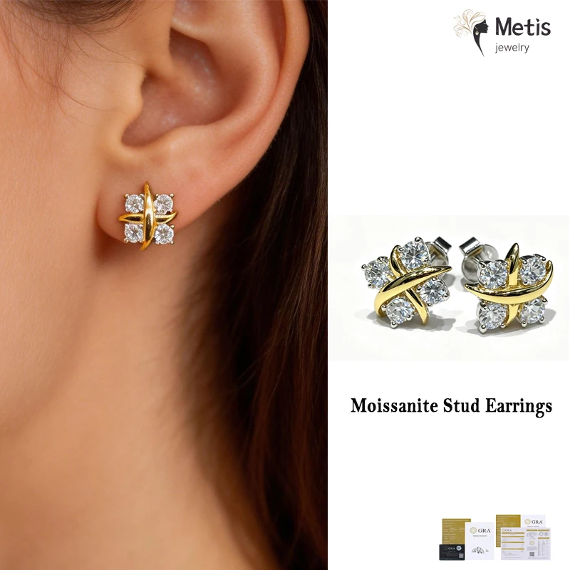3mm D VVS1 Moissanite Starry Two-Tone Ring & X Letter Rhombus Stud Earrings  Exquisite Fine Jewelry  Perfect Gift for Women