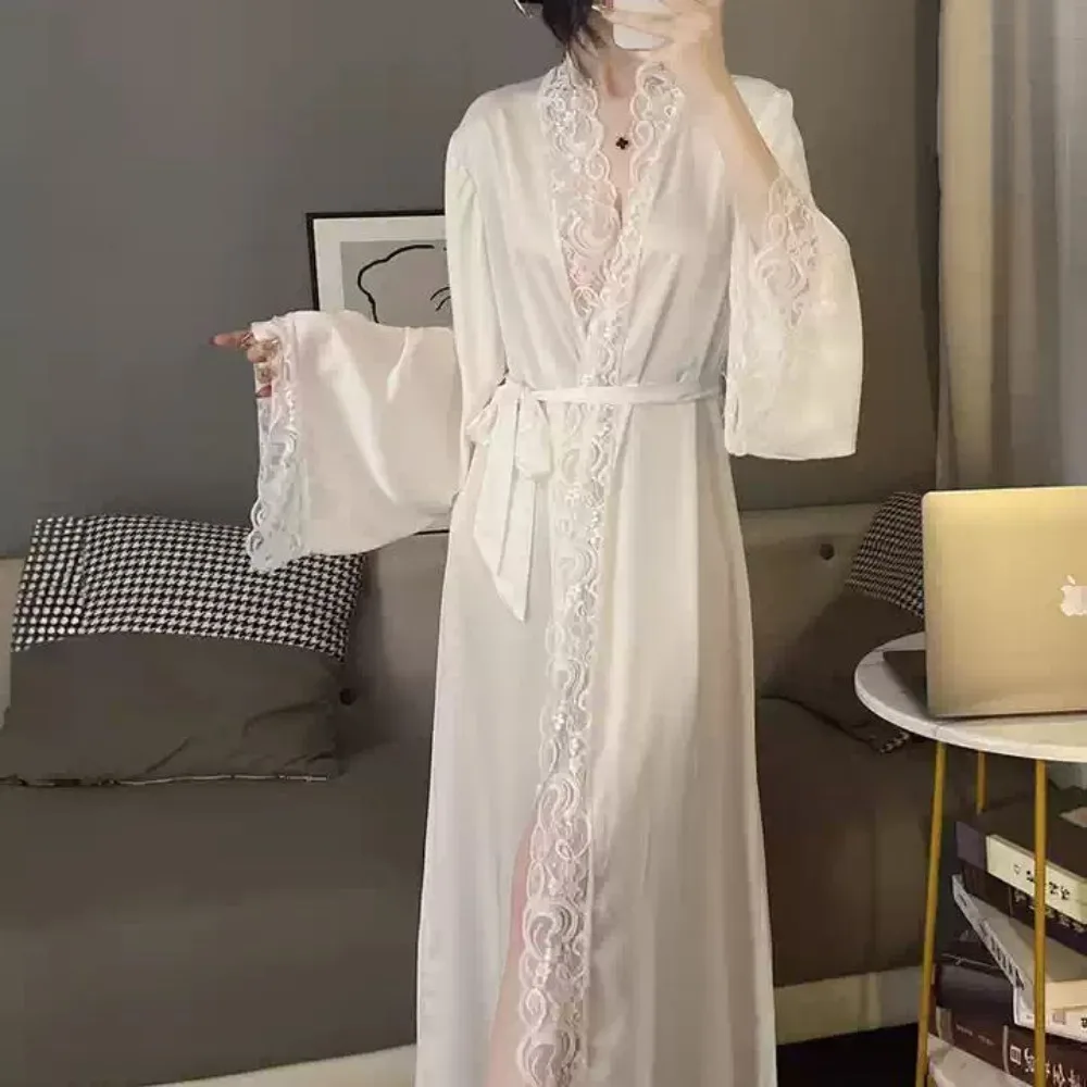 1 Pieza Bata de Satén de Seda Helada para Mujer Tallas Grandes, Pijama, Camisón, Ropa de Casa de Encaje Premium, Moda Suelta para Uso Diario