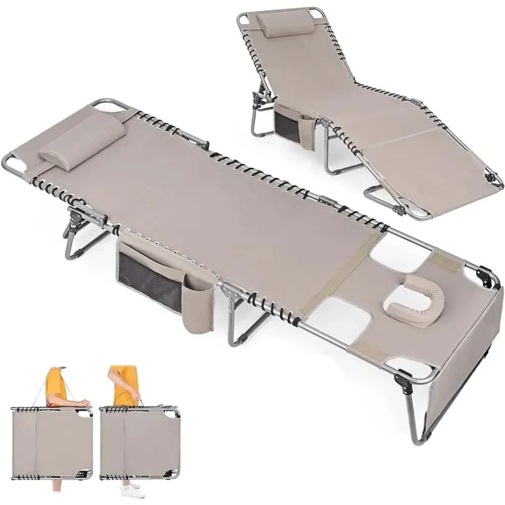 Silla de bronceado de gran tamaño y resistente con orificio facial, tumbonas plegables ajustables de 5 posiciones para exteriores, portátiles