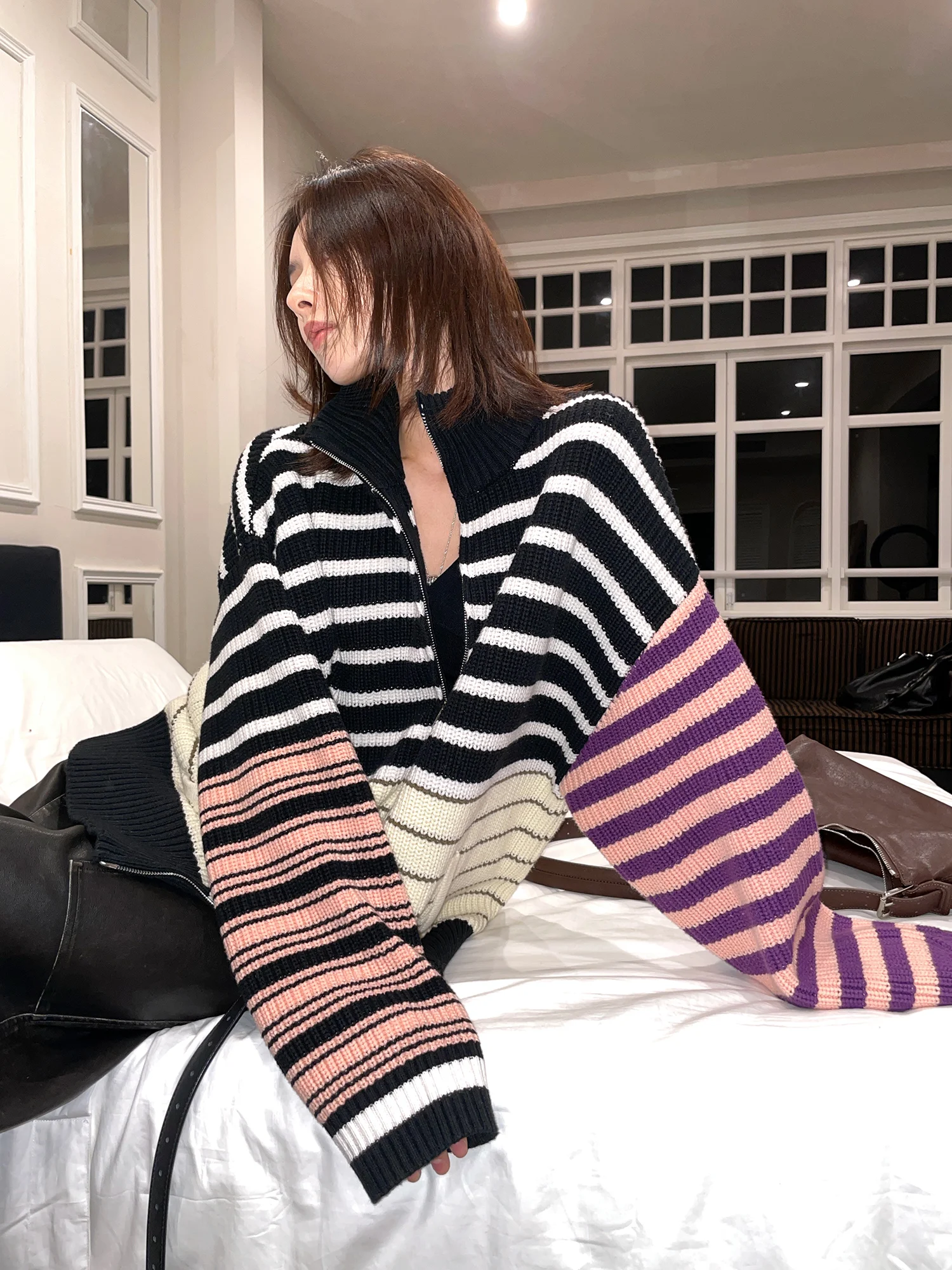 

JCCC adow Pixel Rhythm Color Blo Striped Knitwear Cardigan Versatile Stripe Contrast Color Knitted Sweater Coat for Women