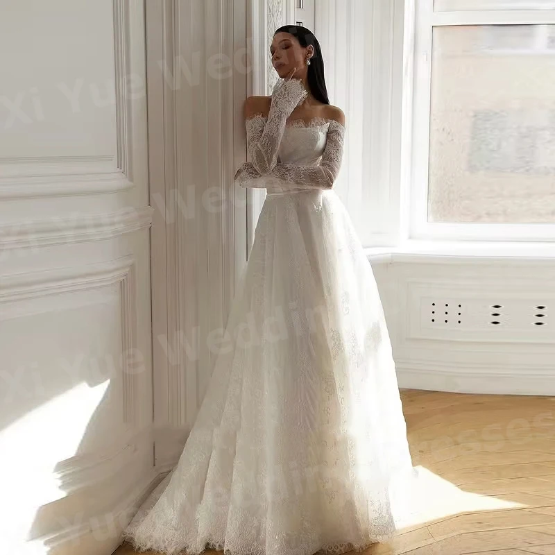 ชุดแต่งงานผู้หญิงทรงเอไลน์สุดหรู ผ้าลูกไม้เปิดไหล่ แขนยาว ชุดเจ้าสาวแบบสั่งตัดได้