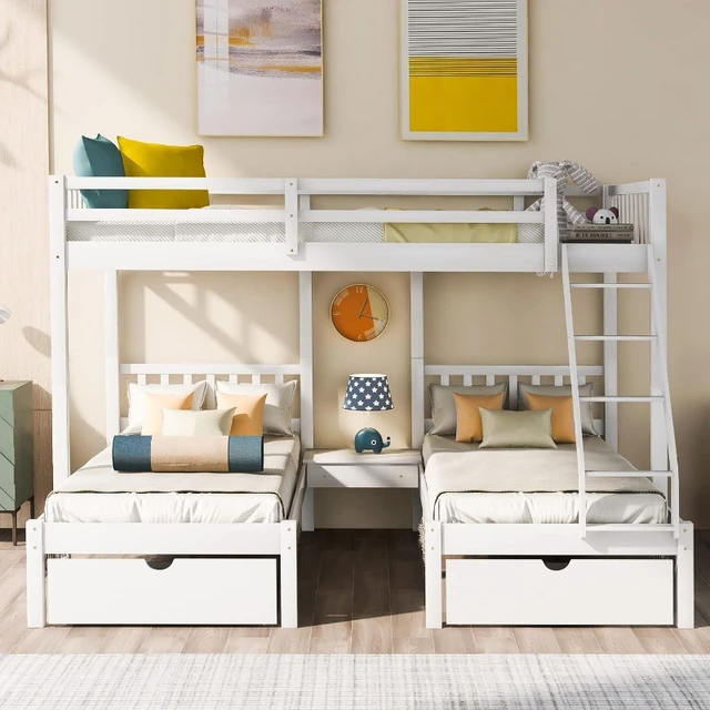 Wood Triple Bunk Bed Full Over Twin Twin Bunk Beds for 3 Wooden Triple Beds Frame with Drawers and Guardrails for Kids Teens AliExpress