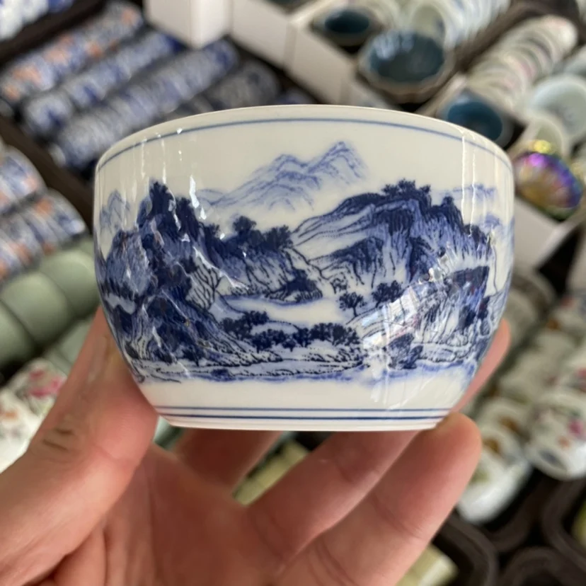 Jingdezhen antique blue and white porcelain Qianli Jiangshan picture Master cup  kung fu tea set ceramic teacup press hand cup