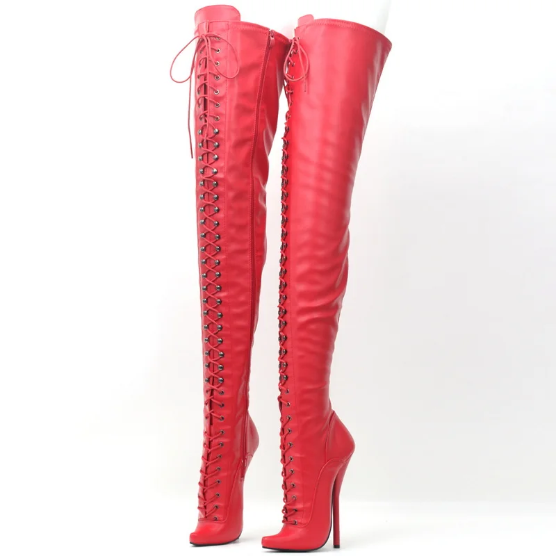 CACA 18CM  Thin Heel Women Thigh High Bellet Boots,Men Bed Cosplay Shoes,Sexy Over The Knee Long Botas,Side Zipper,Red,Black,