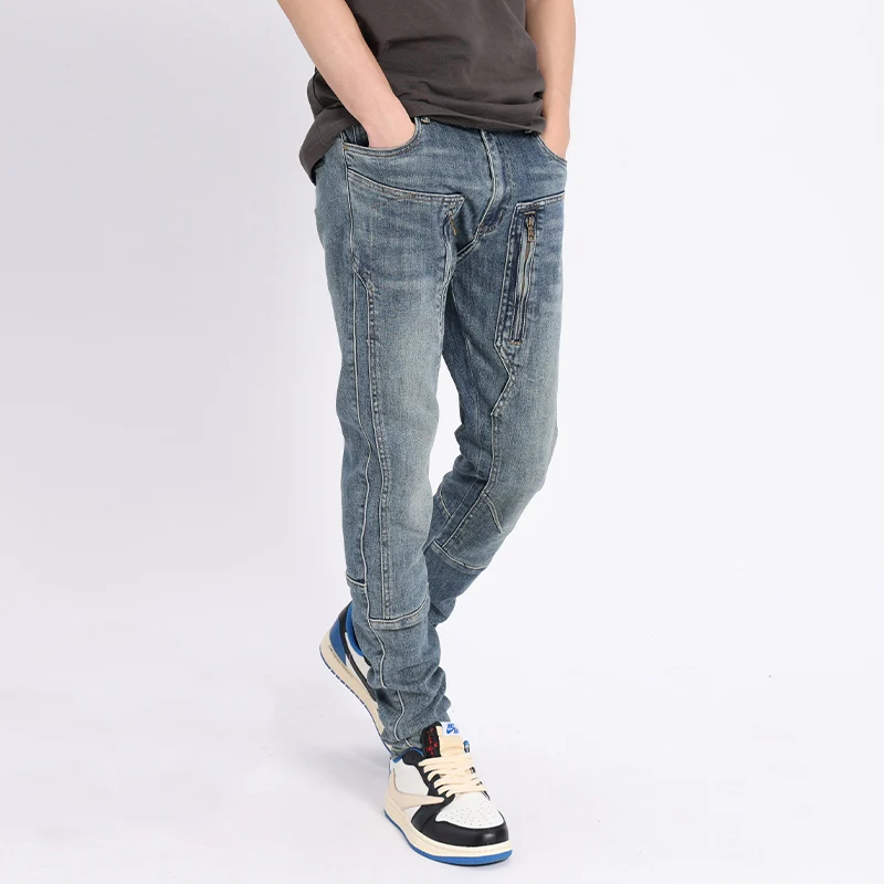 High Street Fashion Men Jeans Retro Light Blue Elastic Slim Fit Spliced Biker Jeans Men Zipper Designer Hip Hop Pants Hombre