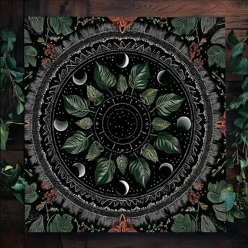 1pc Mystical Tarot Altar Cloth with Moon Phases, Leaves & Floral Design - Polyester Tablecloth for Divination, Tarot Readings