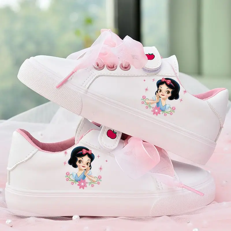 Disney Girls\' Casual Shoes Children\'s Sports Shoes Soft Soled Casual Snow White Shoes Flats PU Leather White Sneakers Size 23-36