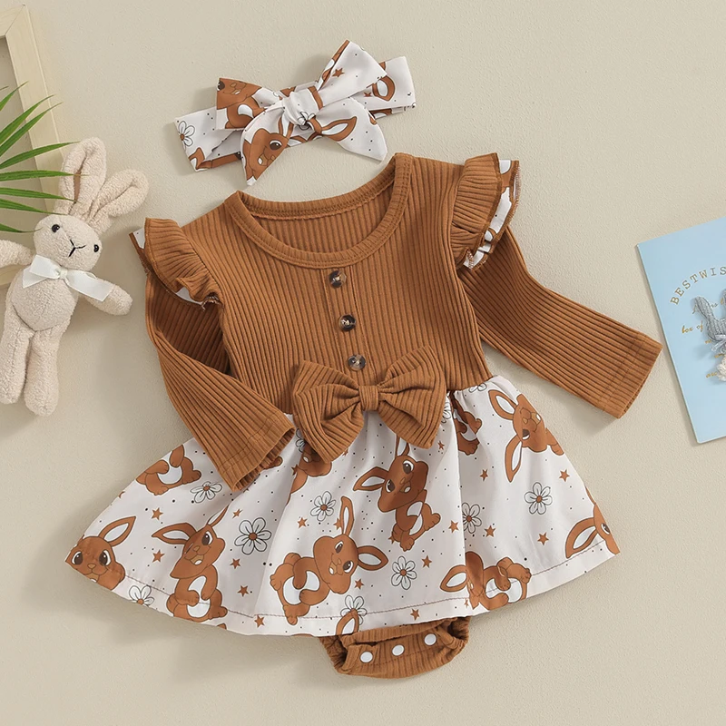 Vestido de Pascua para niños pequeños, mameluco acampanado con estampado floral de manga corta y diadema con orejas de conejo, conjunto para niñas, traje de primavera