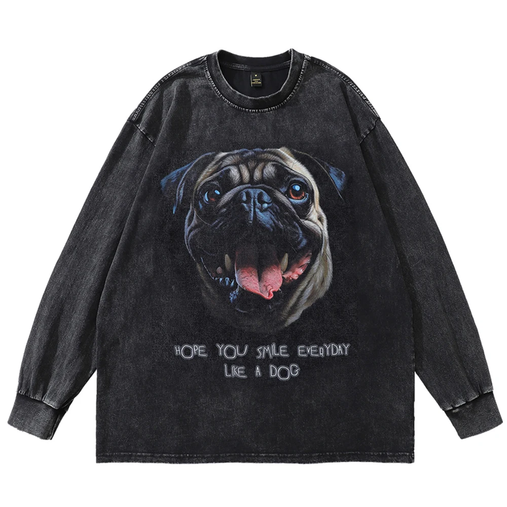 

No Feeling Funny Print Wash Cotton T-shirt Men Autumn Crew Neck Hip Hop Tshirts 250gsm 17yarn