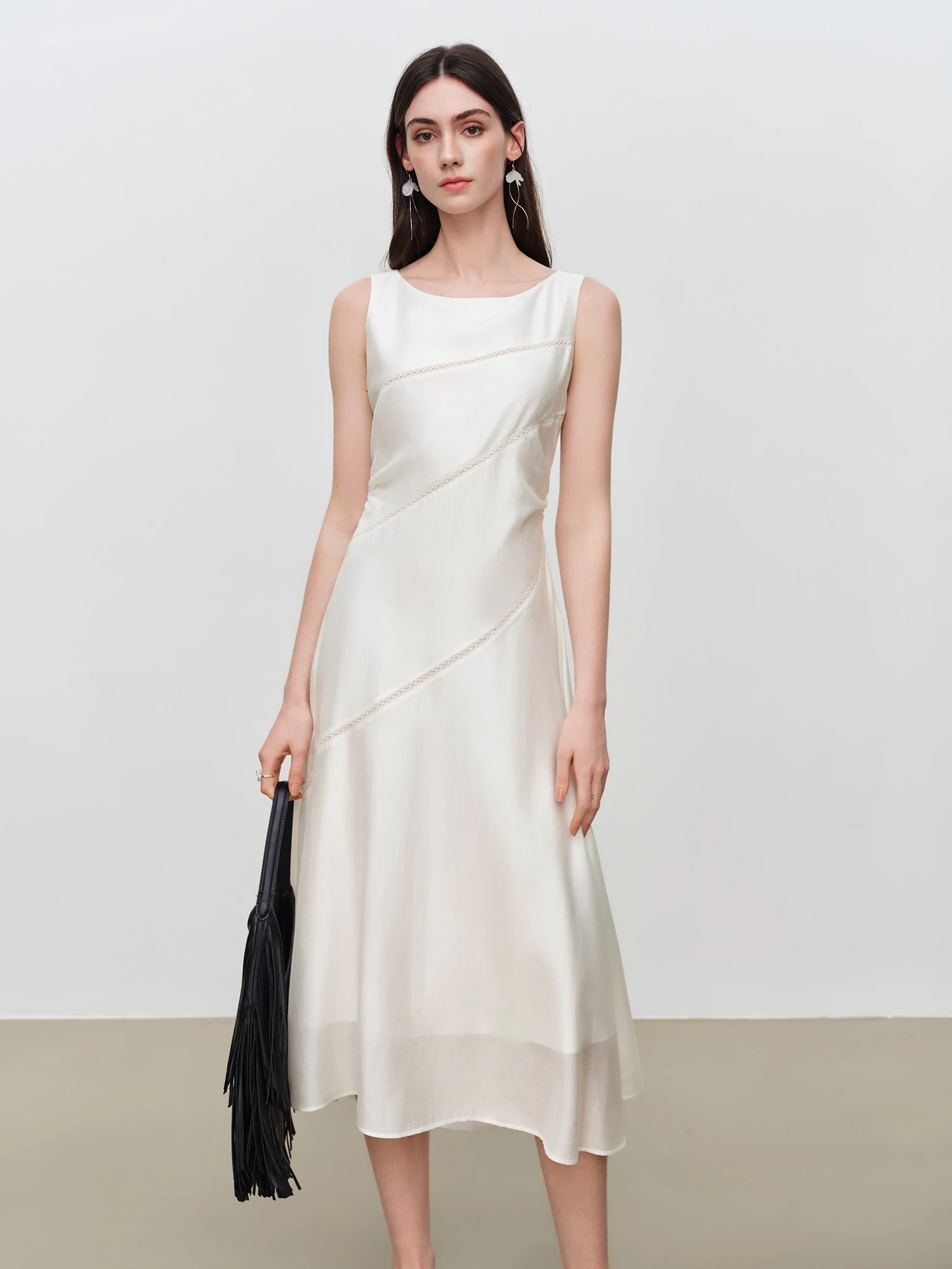 ZIQIAO 2026 Summer New Arrival Women's Lace-Panel Acetate Sleeveless Midi Dress Chic Flowy Slip for Coquette Romantic Style