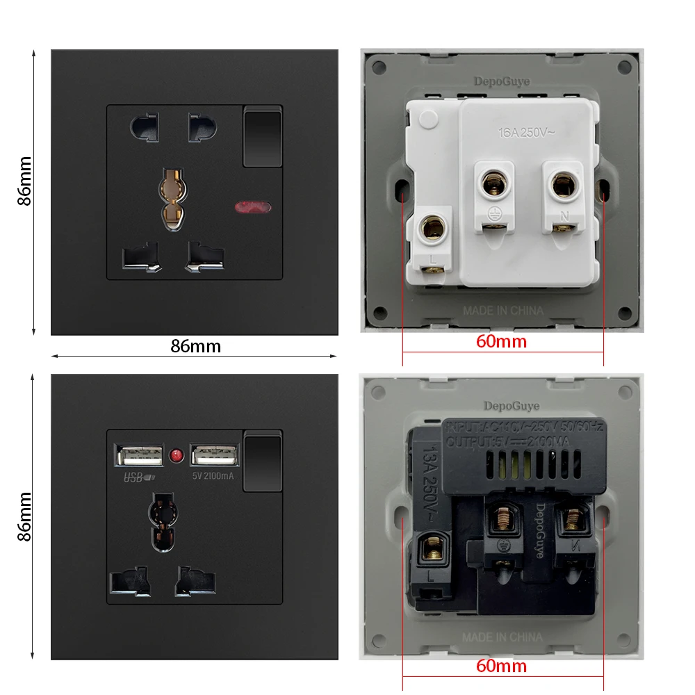 Enchufe tipo C de 18W, toma de corriente Universal de 5 pines de carga rápida, enchufe de pared doble de 3 pines, cargador USB tipo c de 5V 3.1A AC 110-250V