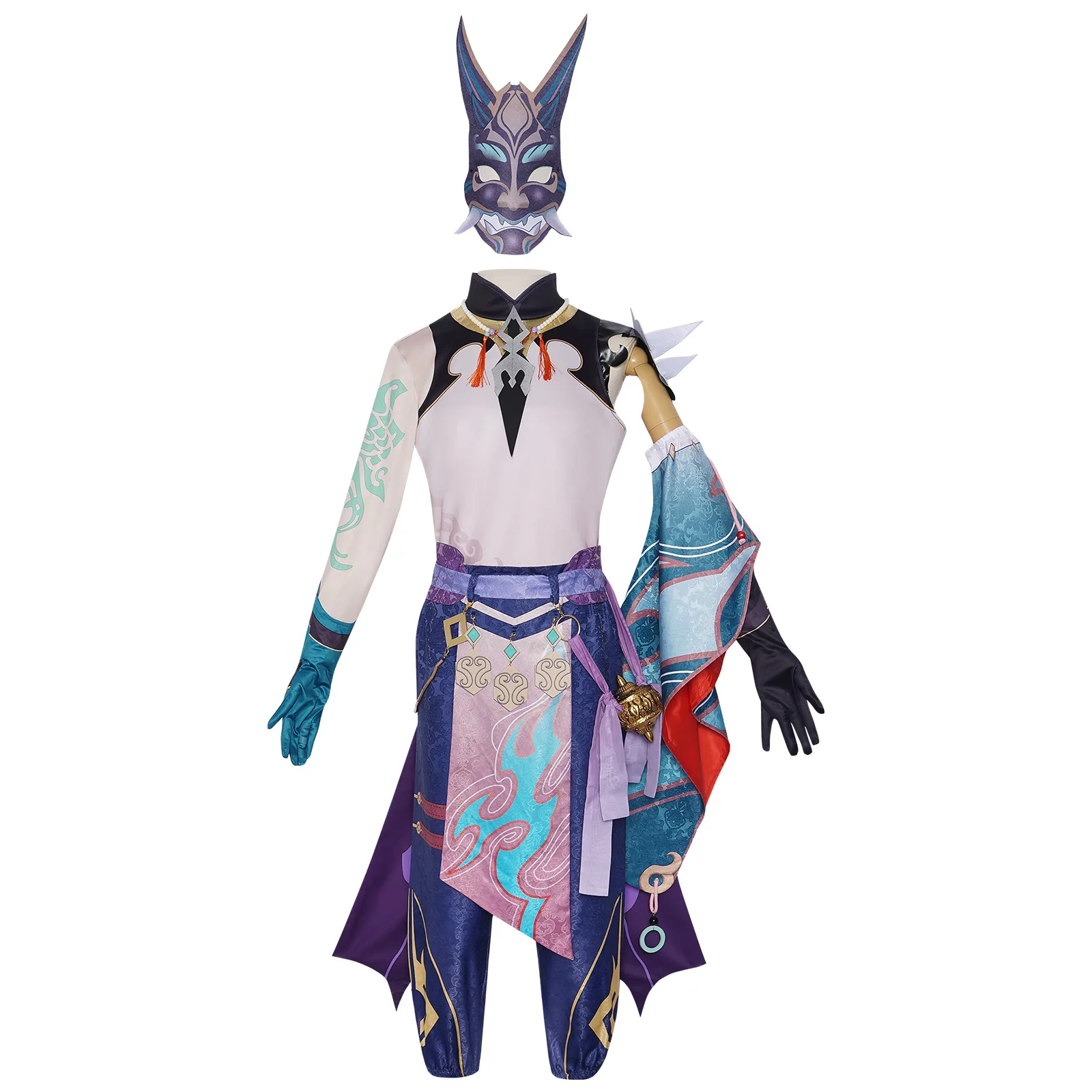 

Костюм для косплея Сяо: полный комплект с париком, маской и наклейками-тату для Хэллоуина