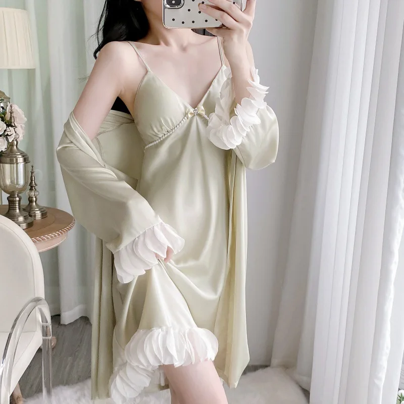 

Green Satin Robe Suit Long Night Wear Female Ice Silk Spaghetti Strap Lace Patchwork Nightdress Loose Kimono Bathrobe Gown