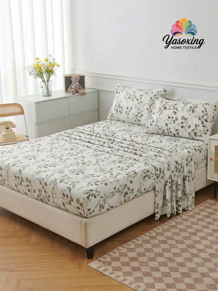 

Комплект постельного белья из 4 предметов с цветочным принтом и узором из листьев - микрофибра, простыня на резинке с глубоким карманом, размеры King, Queen, Full, Twin