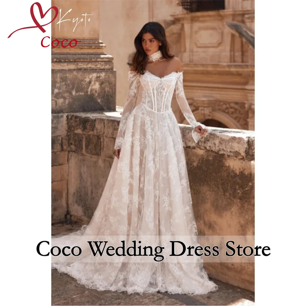 

Customised Luxury Lace A-line Wedding Dresses Sweetheart Neck Off Shoulder Pearls Bridal Gown Vestidos De Novia Sweep Tail