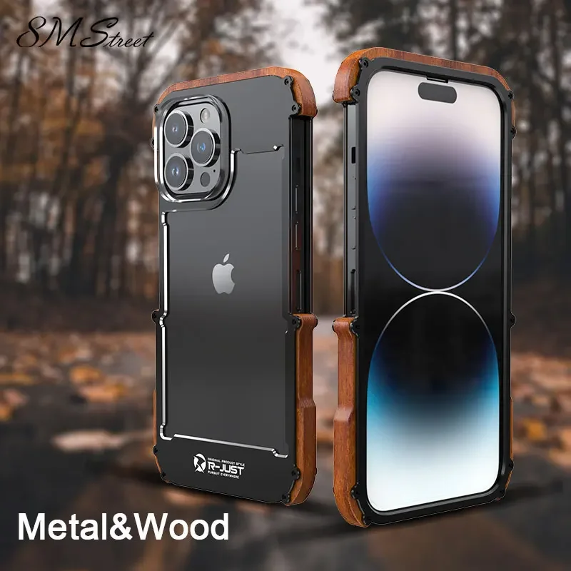 Wood Border Metal Frame Phone Case For Iphone 15 12 14 13 Pro Max 14 15 Plus Aluminum Phone Cover For IPHON 12 13 14 15 Promax